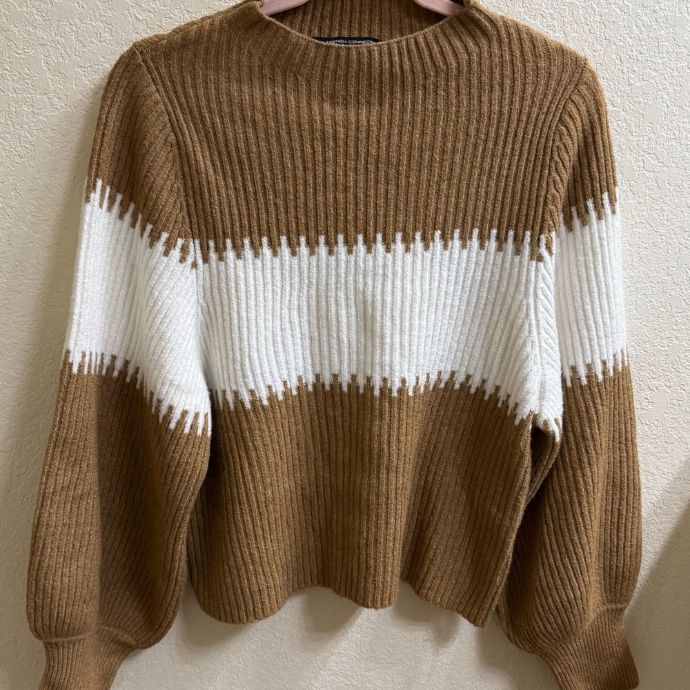 French Connection Camel Knit Pullover Sweater with Long puffy sleeves - L